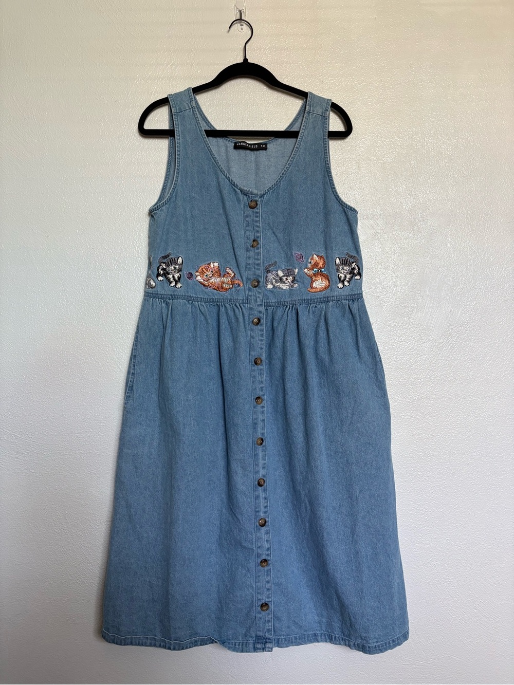 Denim Button-Front Dress with Embroidered Kittens